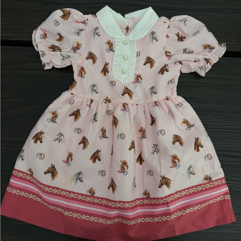 Janie and Jack Pink Horse Print Dress with White Collar